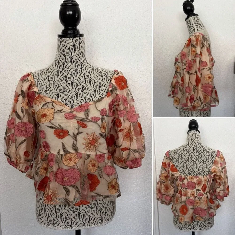 Saltwater Luxe Floral Embroidered Cropped Peplum Top in Beige Multi Size L